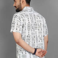 Men's Printed Half Sleeves Spread Collar Casual Shirt White & Black