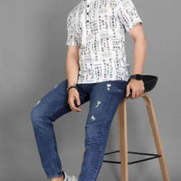 Men's Printed Half Sleeves Spread Collar Casual Shirt White & Black