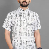 Men's Printed Half Sleeves Spread Collar Casual Shirt White & Black