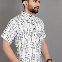 Men's Printed Half Sleeves Spread Collar Casual Shirt White & Black